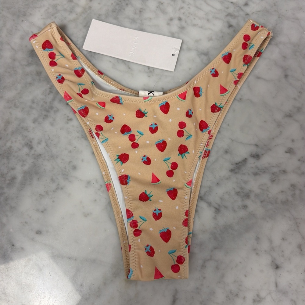 Kino Strawberry Print  Bikini Bottom - Tan and Red